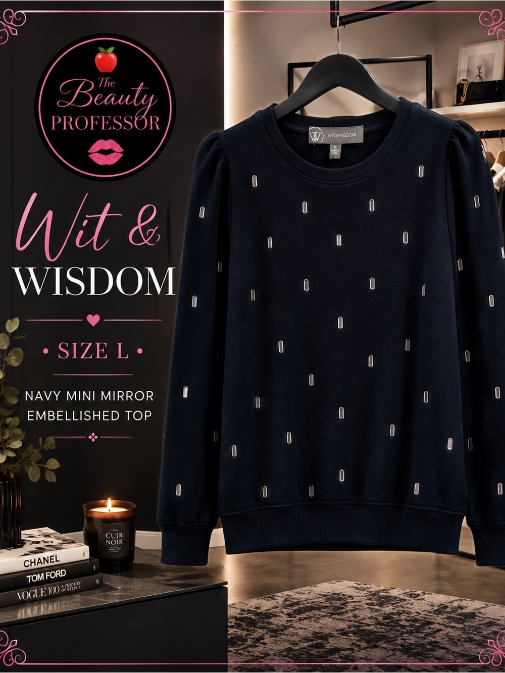 Wit & Wisdom L Dark Navy Puff Shoulder Embellished Sweatshirt Top